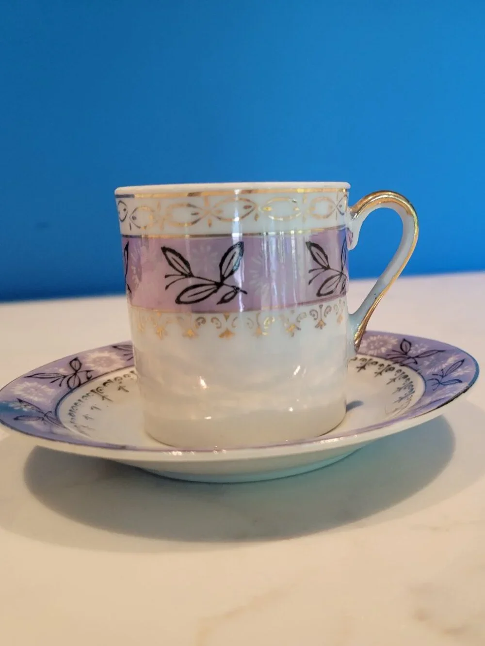 Vintage Lavender Porcelain Demitasse Espresso Cup & Saucer Set Gold Gilt